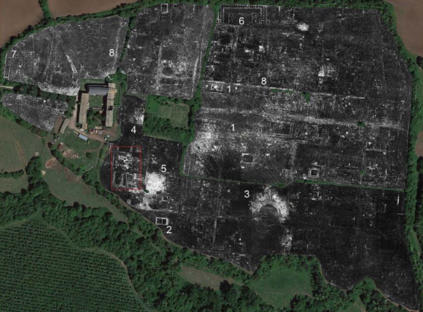 Falerii Novi: GPR time-slice at an estimated depth of 0.8-0.85 m: (1) forum tabernae (shop units); (2) a temple; (3) a theater; (4) a macellum; (5) a bath complex; (6) a porticus; (8) streets. Image credit: L. Verdonck / Google Earth.